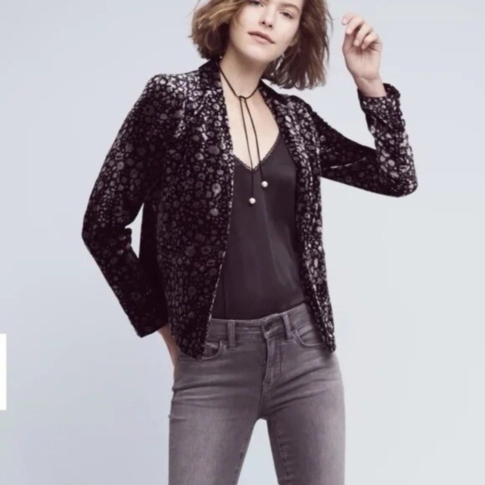 Anthropologie Elevenses Blazer Dress Jacket Lumi Velvet Velour Black Floral sz 4 - Picture 13 of 13